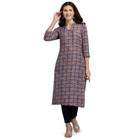NAINVISH Women's Cotton Blend Straight V-Neck Printed Kurta (SD198_K-M_Blue)