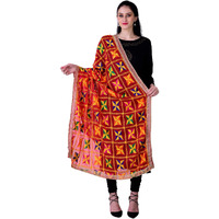 SWI WITH LABEL Women's Embroidered Phulkari Chiffon Dupatta (SFD11_Red_Free Size)