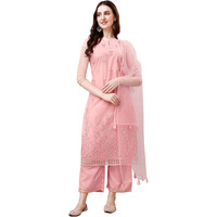 Modestouze Attires Women's Foil Printed Knee Length Kurti And Palazzo Set With Net Dupatta (MAK12FP) (XX-Large, Pink)
