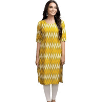 PATLANI Women's Cotton Blend Printed Straight Kurta Yellow-ZIGZEG-M