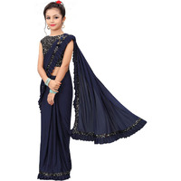 Dhyey fashion Girls Lycra Blend Ruffle Pattern Saree With Velvet Unstitched Blouse Piece