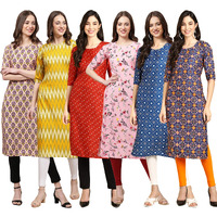 Pinkmint Women's Crepe Digital Print Straight Kurta Pack of 6 [CR-332-329-370-339-353-369-XL]