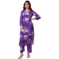 ANNI DESIGNER Women's Cotton Blend Calf Length Printed Straight Co-Ord Set (710 Violet_Purple_Small)