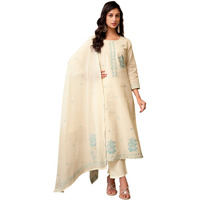 Sanisa Women's Cotton Jacquard Straight Kurta with Pant and Dupatta Set (212KBD2250N-L_Cream & Terquoise10)