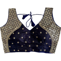 Pujia Mills Women's Sequin Embroidered V Neck Sleeveless Readymade Saree Blouse Indian Ethnic Designer Stitched Women's Readymade Saree Blouse Navy Blue Sleeveless Padded Readymade Blouse for Women