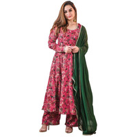 Janasya Women's Pink Georgette Digital Floral Printed Kurta with Palazzo and Dupatta(SET757-KR-PP-R-XL)