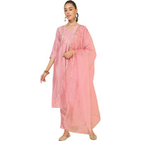 Janasya Women's Pink Crepe Silk Yoke Embroidery Kurta with Pant and Dupatta(SET874-KR-NP-M)