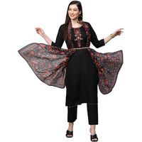 GoSriKi Women's Cotton Blend Solid Straight Kurta with Pant & Dupatta (Authentic-Black_S-GS_Black_S-GSmall)