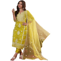 GoSriKi Women's Rayon Blend Straight Embroidered Kurta with Pant & Dupatta (Carlton LEMON-VKS07-GS_5XL_Lemon_XXXXX-Large)