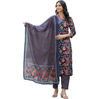 KLOSIA Women Printed Kurta Pant Set with Duppata (X-Large) Blue