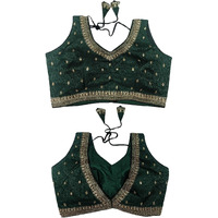 Pujia Mills Women's Indian Ethnic Wear Designer Golden zari Embroidery with Sequence Work V Neck Sleeveless Readymade Worked Saree Blouse Readymade Dark Green Color Blouse for Lehenga Choli