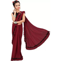 Dhyey fashion Girls Lycra Blend Ruffle Pattern Saree With Velvet Unstitched Blouse Piece