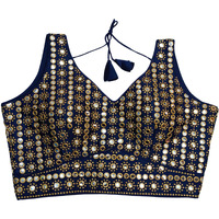 Pujia Mills Women's Readymade Blouse Sleeveless Blouse Embroidery jari Work Mirror Blouse Handwork Readymade Saree Blouse for Women for Saree and Lehenga Choli (B101 Navy Blue 34)