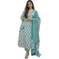 KLOSIA Women Block Printed Kurta and Pant Set with Dupatta (Medium) White