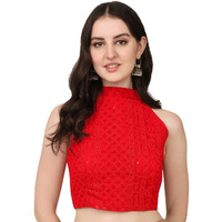 Vihu Fashion Women's Silk Solid Sleeveless Regular Blouse (Halter Neck Red 38)