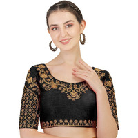 Pujia Mills Women's Phantom Silk Floral Half Sleeve Saree Blouse (Floral Blouse Variation_Black_38 Size+Margin)