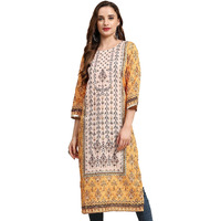 Weavers Villa Women's Cotton Printed Straight Kurta (Medium) Mustard