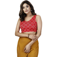 OOMPH! Women's Indian Ethnic Wear Designer Bandhani Pattern Zari Work Spoon Neck Sleeveless Red Color Lycra Readymade Blouse for Saree or Lehnga and Fusion Twist. XXL