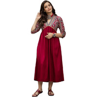 GoSriKi Women's Viscose Rayon Maroon & Grey Printed Flared Kurta (RUH-Maroon-Dress_L-GS_Maroon_Large)