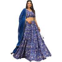 Janasya Women's Blue Georgette Floral Printed Tiered Lehenga Choli Set (JAB24LC00568-XS)