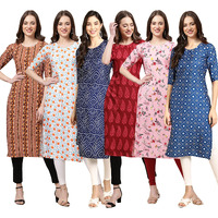 Pinkmint Women's Crepe Digital Print Straight Kurta Pack of 6 [CR-344-334-366-337-339-353-M]