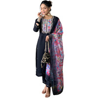 Naixa Women's Black Rayon Slub Embroidered Straight Kurta with Rayon Slub Pant and Organza Dupatta Sets (NX-543-Black-3XL)