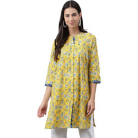 Janasya Women's Yellow Cotton Floral Print Empire Tunic(JNE4104-TU-A-XS)