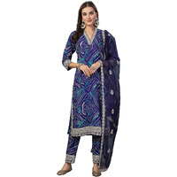 Stylum Women's Bandhani Print & Embroidered Muslin Straight Kurta Pant Dupatta Set (KPDBLUEBANNO36_Blue, S)
