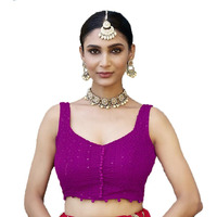 Pujia Mills Women's Readymade Fancy Blouse Embroidery Lucknowi Work Sequence Work Indian Ethnic Designer Sleeveless Blouse Readymade Sweetheart Neck Blouse Rani Pink for Women Saree Lehenga Choli
