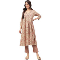 Janasya Women's Brown Cotton Floral Printed Kurta with Pant(SET647-KR-NP-S)