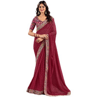 Satrani Women's Georgette Sequence Embroidery Lace & Bandhani Printed Saree with Unstitched Blouse Piece (4115S909N_Dark Red)