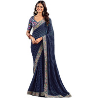 Satrani Women's Georgette Sequence Embroidery Lace & Bandhani Printed Saree with Unstitched Blouse Piece (4115S906N_Navy Blue)