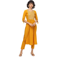 NAINVISH Women's Crepe A-Line Embroidered Kurti with Pant (SD090-XXL_Yellow)