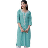 Sanisa Women's Cotton Blend Chikankari Embroidered Straight Kurti (473K10013N-XXL_Turquoise)