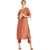 Janasya Women's Peach Poly Silk Embellished Kurta with Pant(SET324-KR-NP-J-XXXL)