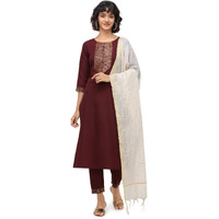 NAINVISH Women's Cotton Blend A-Line Embellished Kurti Pant with Dupatta (SD096-L_Maroon)