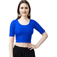 Pujia Mills Women's Readymade Dobby Cotton Lycra Stretchable Round Neck Half Sleeve Blouse Fancy Royal Blue Color Lycra Stretchable Blouse for Women Stylish Readymade Saree Blouse