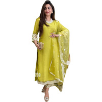 Naixa Women's Lemon Yellow Chanderi Silk Embroidered Straight Kurta with Chanderi Silk Pant and Organza Embroidered Dupatta Sets (NX2-S-Kamya-Lemon-S)