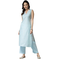 Stylum Women's Solid Cotton Blend Straight Kurta Pant Set (KPAQUAASMI34_Aqua Blue, XS)