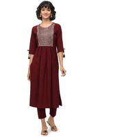 NAINVISH Women's Crepe A-Line Embroidered Kurti with Pant (SD092-L_Maroon)