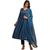 Janasya Women's Teal Blue Silk Blend Yoke Embroidered A-Line Kurta Set (JAC24ST01041-2XL)