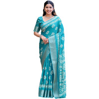 Satrani Women's Cotton Blend Printed Weaving Border Saree with Unstitched Blouse Piece (4029S172N_Turquoise)
