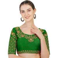 Pujia Mils Women's Silk Embroidery Half Sleeve Blouse (Floral Blouse_Green_38)
