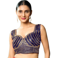 Pujia Mills Women's Readymade Blouse Embroidery Multi Coding Gold Thread Indian Ethnic Designer Stitched Readymade Saree Sleeveless Navy Blue Blouse for Women for Saree Lehenga Choli