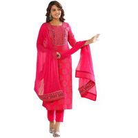 GoSriKi Women's Cotton Blend Straight Printed Kurta with Pant & Dupatta (NOV-Pink-NWG-GS_XL_Pink_X-Large)