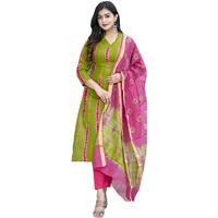 GoSriKi Women's Rayon Straight Printed Kurta with Pant & Dupatta (SIBORI-Methi-CMD-GS_M_Green_Medium)