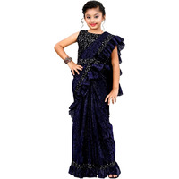 Dhyey fashion Ready To Wear Lycra Foil Print Kids Ruffal Saree With Unstiched Velvet Blouse.