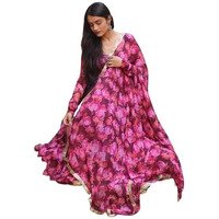 Anveri Textiles Women's Pink Rose Georgette Printed Floral Maxi Gown with Duppatta | Lovely Pink Rose Floral Printed Georgette Anarkali Style Maxi Gown with Dupatta (18_PinkRose_4XL)