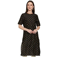 Amazon Brand - Tavasya Women's Polyester Straight Festive Kurti (PAG 154_CHOTI BOOTI (Black) _XL)