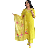 Naixa Women's Lemon Yellow Rayon Slub Embroidered Straight Kurta with Rayon Slub Pant and Pure Organza Printed Dupatta Sets (NX-598-Lemon-S)
